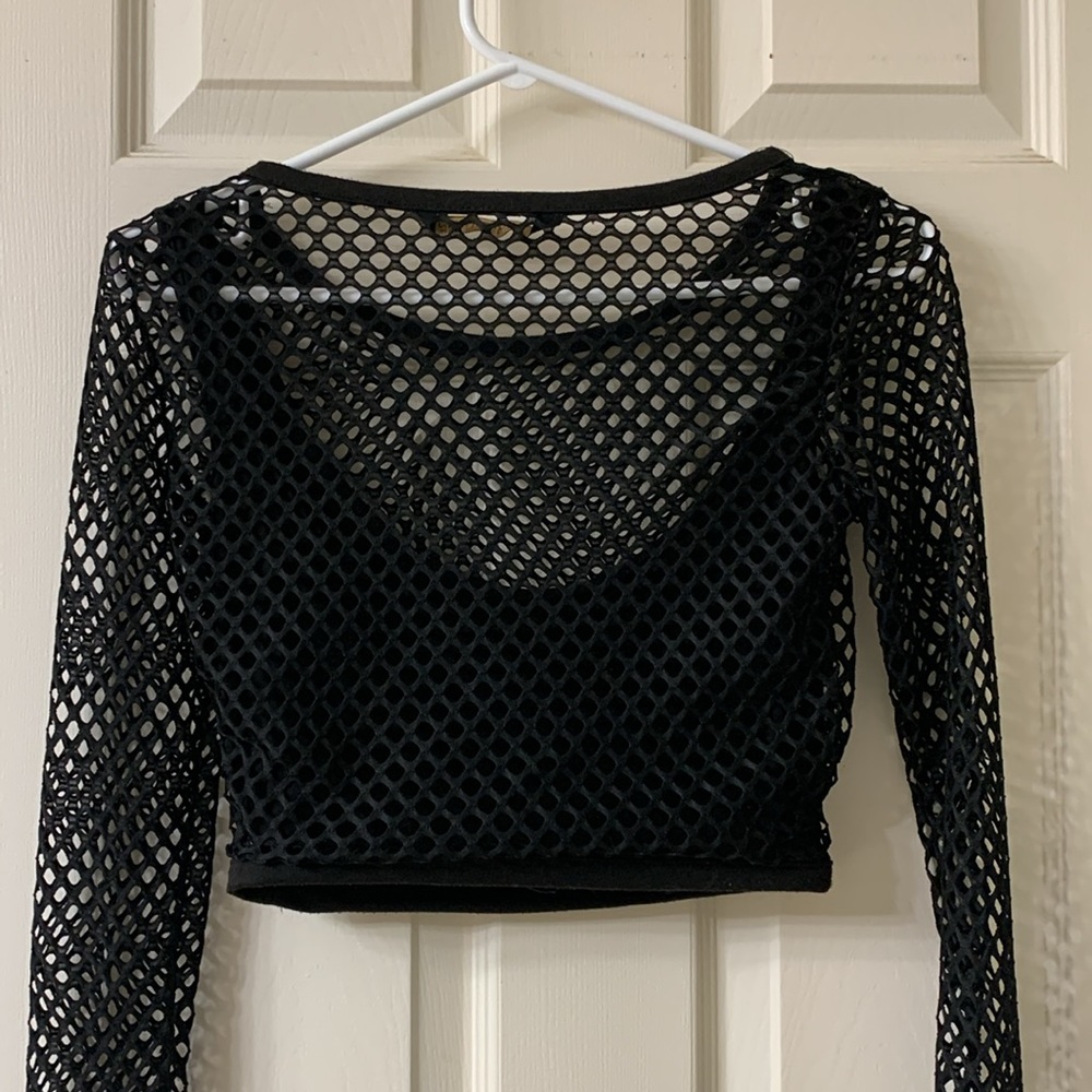 🌷3 for$25🌷Kardashian Kollection, US XS, Black Long Sleeve Fishnet Crop Top - Picture 4 of 8